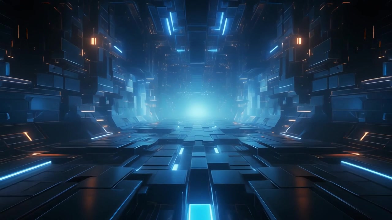 Futuristic Sci-Fi Corridor with Glowing Blue and Orange Lights