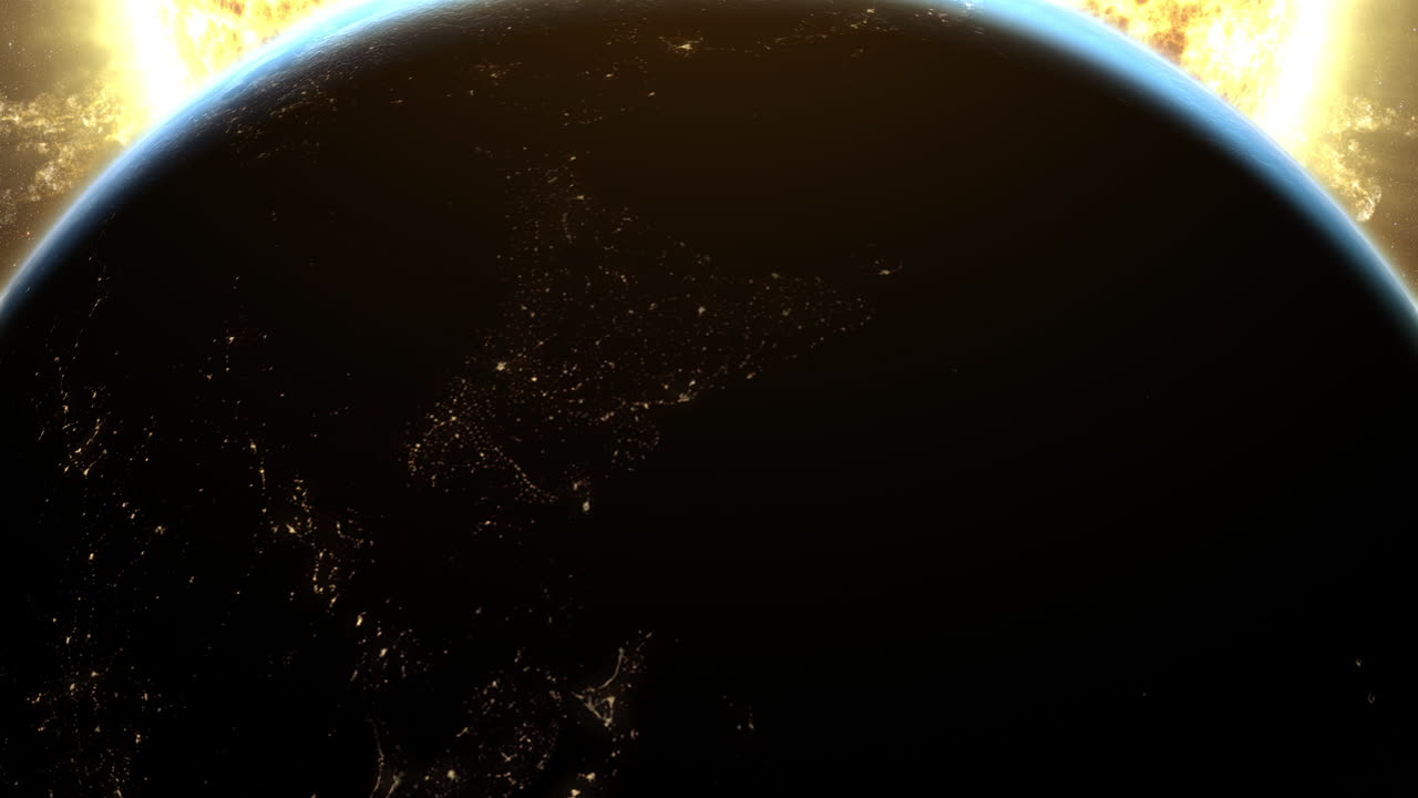 태양을 지나가는 지구의 매혹적인 모션 그래픽 영상으로 태양의 빛을 부분적으로 가려버리는 일식이 발생합니다.