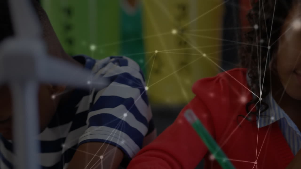 Children studying with network connections animation overlay in classroom setting