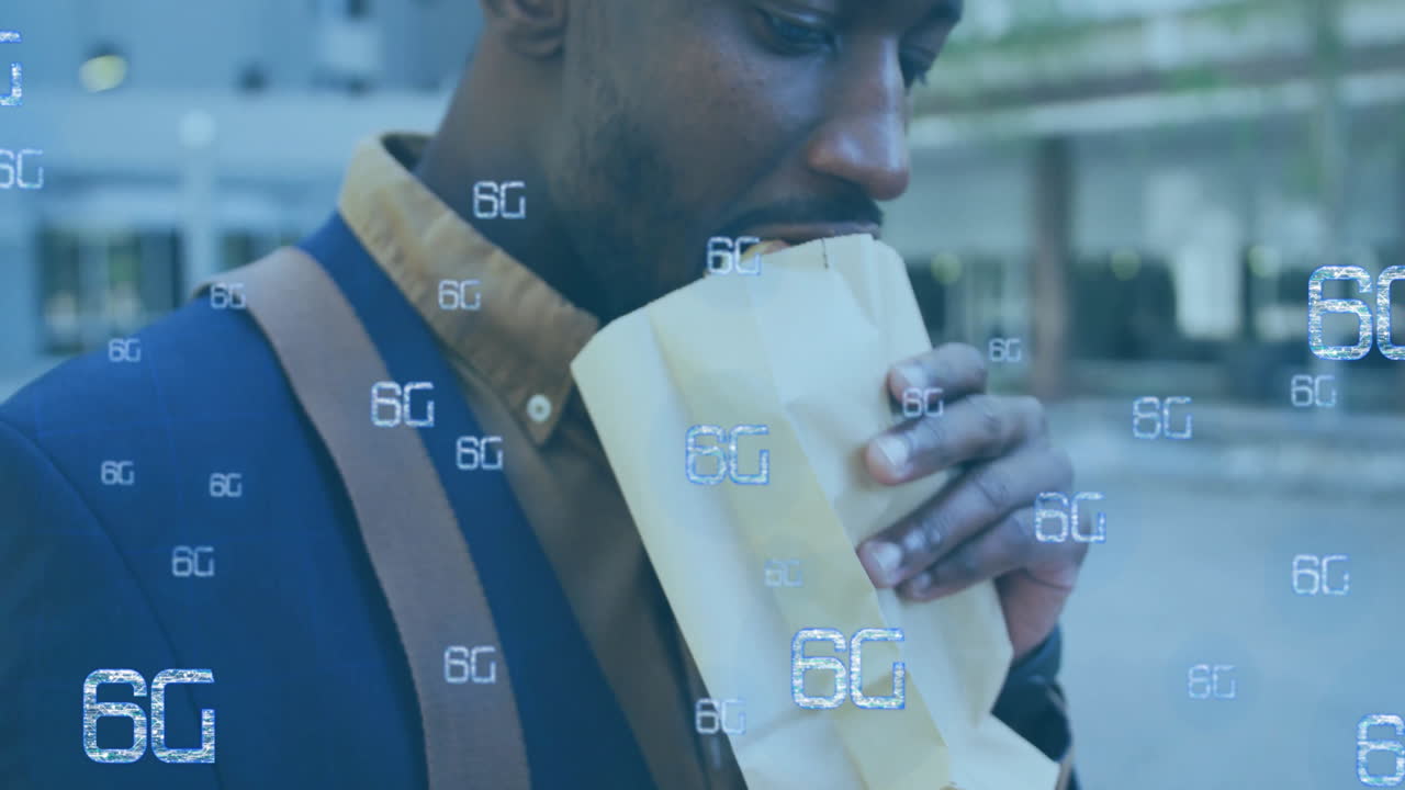 Eating from paper bag, man surrounded by 6G technology animation