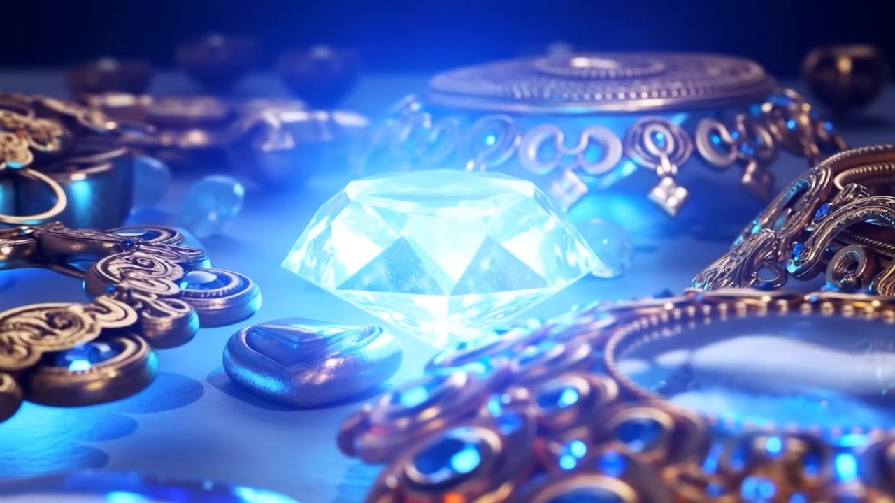 Bagliore interno pulsante, gemma sfaccettata che si illumina su un vassoio, rivelando anelli di metallo e particelle blu.