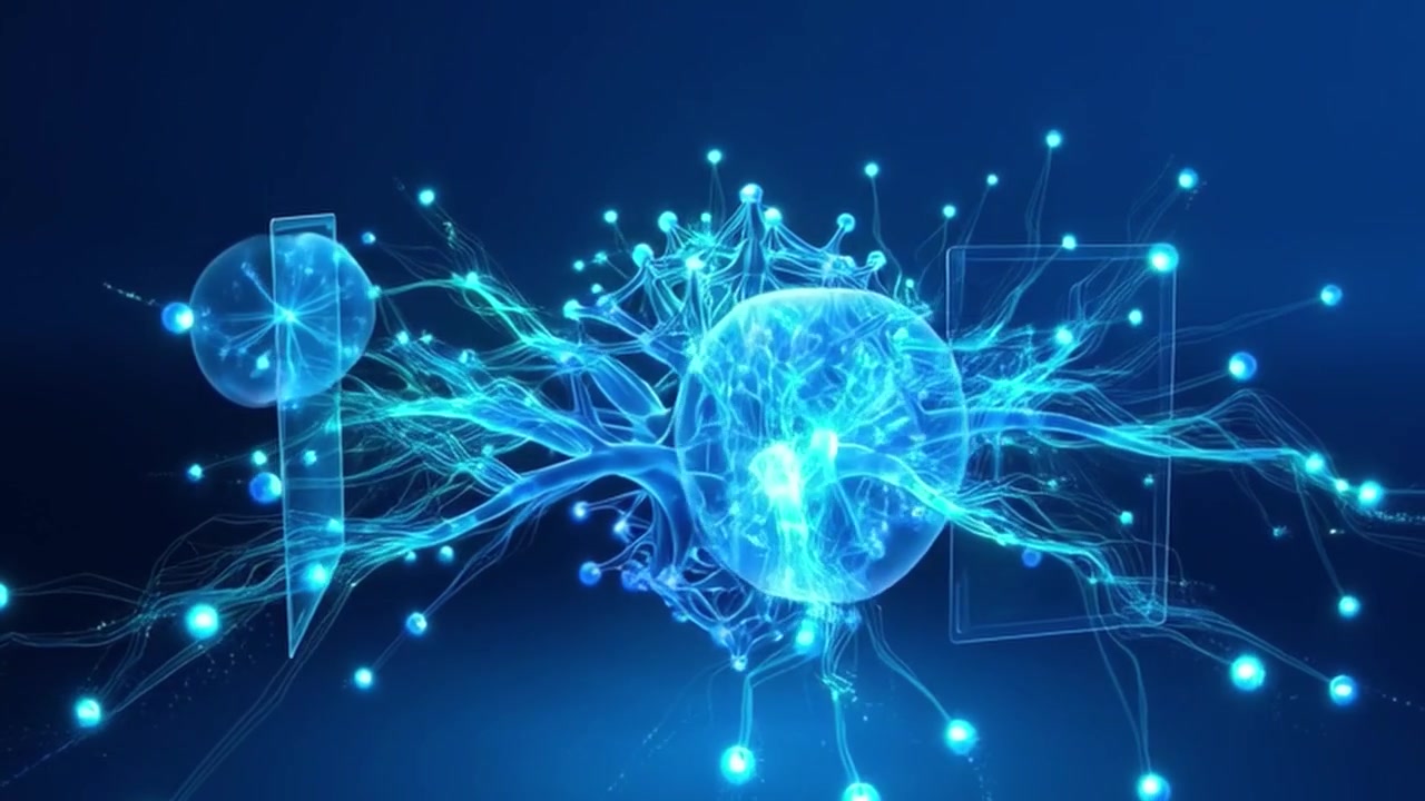 Abstract Digital Network Expanding with Glowing Nodes and Data Streams