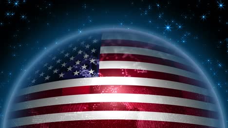 united states flag strung on planet earth. abstraction of a globe with the contours of the continents.