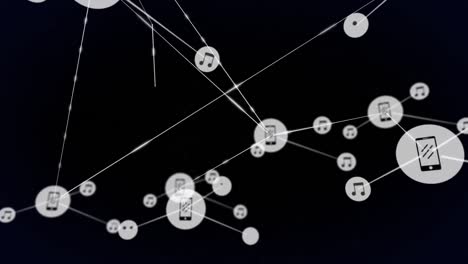 Animation-of-network-of-connections-with-icons-on-black-background