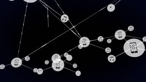 Animation of network of connections with icons on black background