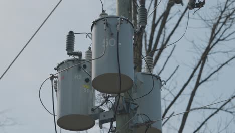 Nahaufnahme-Von-Drei-Hydrotransformatoren,-Die-Auf-Einem-Hölzernen-Hydromast-Mitten-Im-Wald-Mit-Frühlingsbäumen-Im-Hintergrund-In-Gatineau,-Quebec,-Montiert-Sind