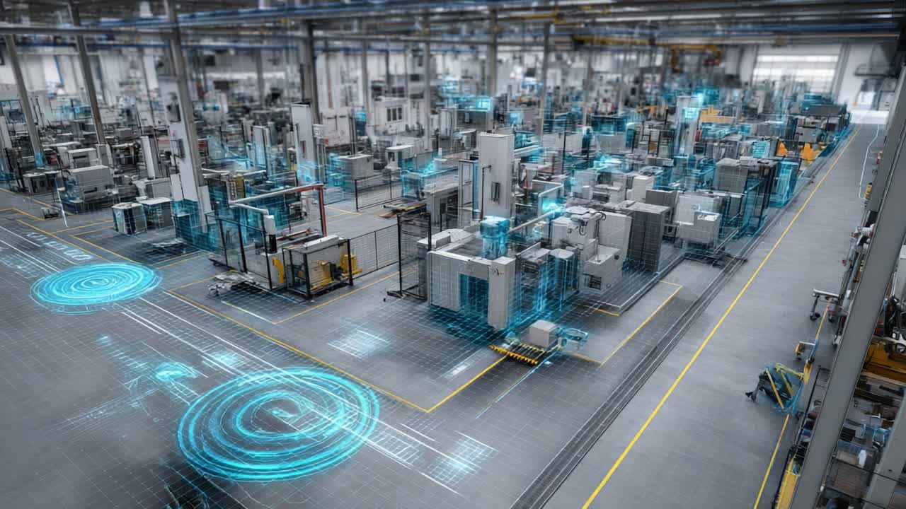 Futuristic Industrial Factory with Advanced Automation and Digital Integration Showcasing Smart Manufacturing Processes and Technological Innovation in a Modern Production Environment