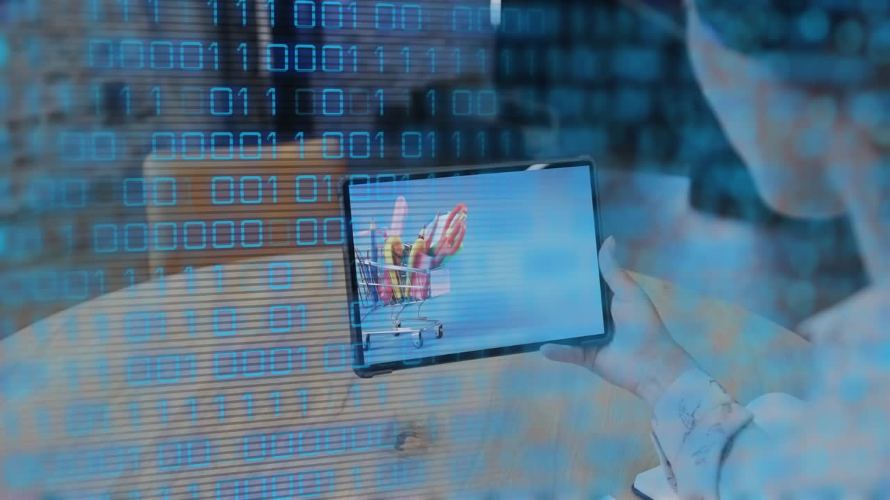 sosteniendo una tableta con un carrito de compras, persona rodeada de animación de código binario
