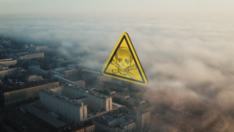 Aerial-footage-of-urban-borough-shrouded-in-morning-fog.-Large-warning-sign-of-poisonous-area.-Warsaw,-Poland