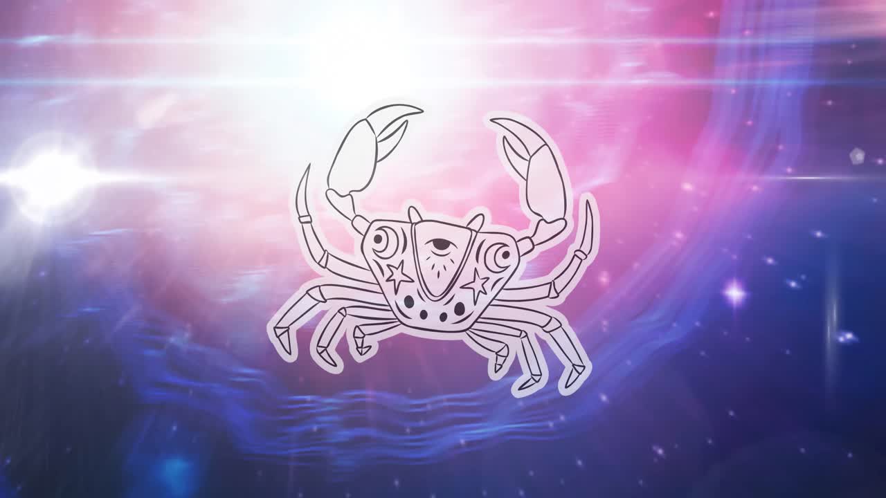 animación del signo de la estrella del cáncer sobre el sol brillando y las estrellas en la noche de color rosa a cielo azul