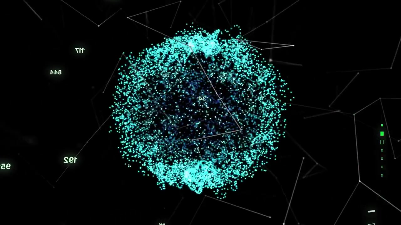 Turquoise particle sphere expanding and rotating after algorithm pulse, visualizing data evolution