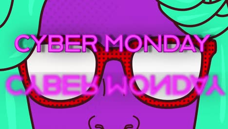 cyber lunes banner de texto con efecto de reflexión del espejo contra la mujer que lleva gafas de sol icono