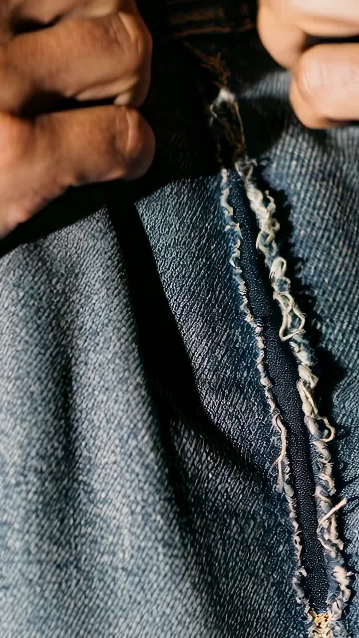 Vertical video: Pressing clenched hand pulling loose threads with fingers on denim seam at close-up