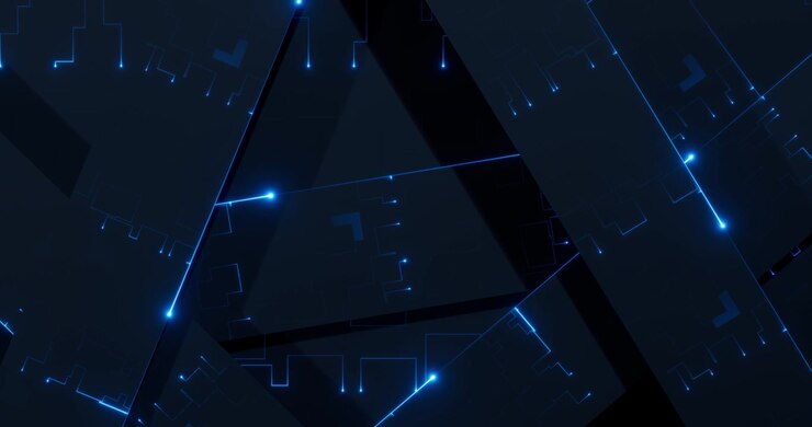 Sfondo futuristico blu di rete digitale con linee di circuito luminose.
