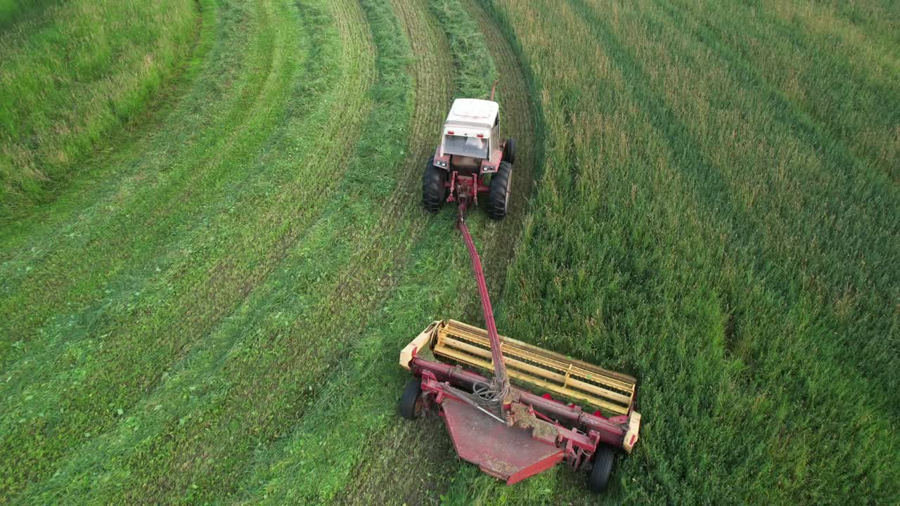 위스콘신 주 의 농부 는 히르도스 ⁇  스웨더 를 사용 하여 알파르파 와 잔디 를 잘라낸다