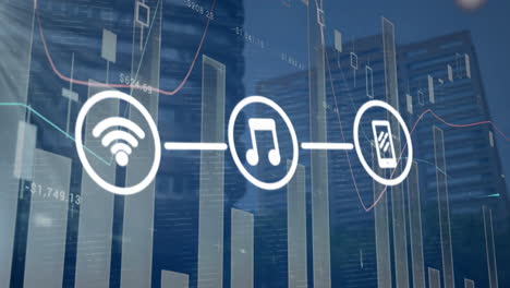 Animation-of-network-of-wifi-and-media-icons-over-data-processing-and-modern-cityscape