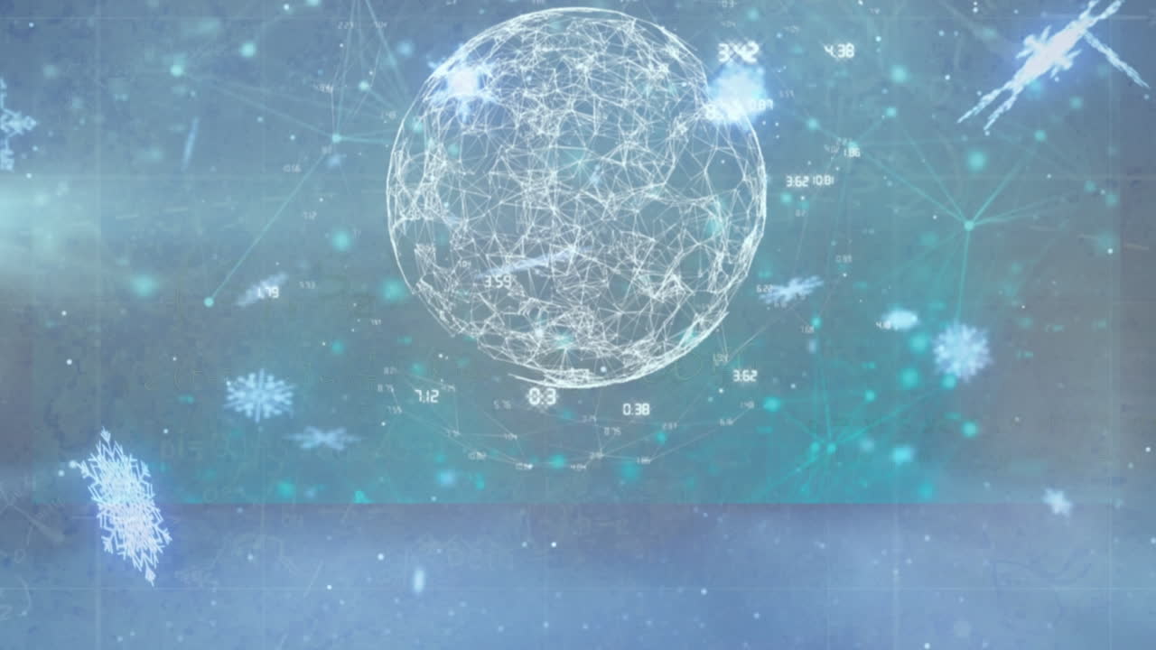 스크린 위의 눈조각의 애니메이션과 다양한 데이터가 배경으로 움직입니다.