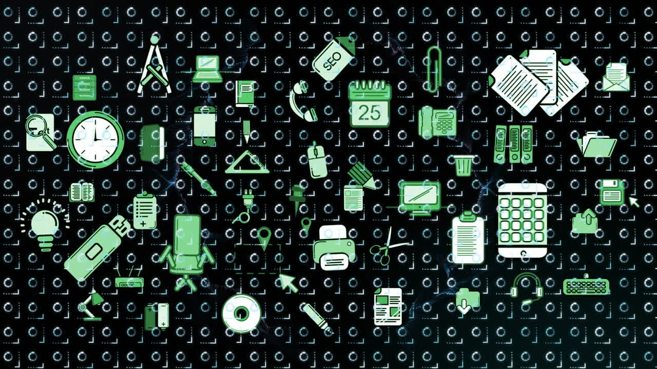 Floating over digital network, various green and white office supplies in animation