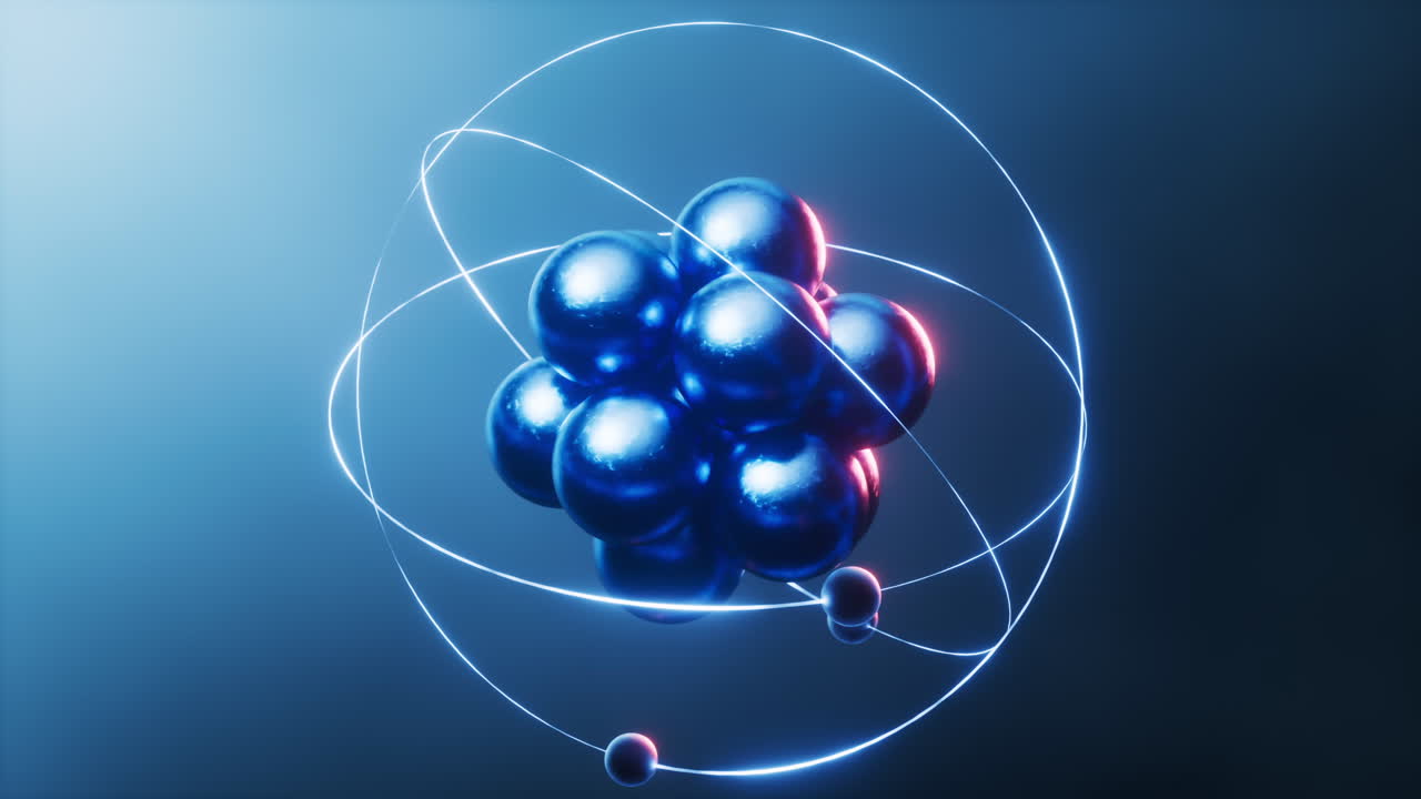 Physics atom with dark blue background, 3d rendering.