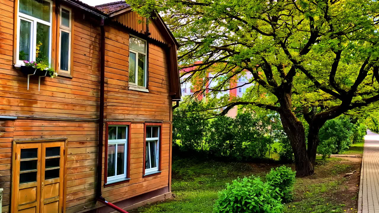 Wooden residential house and green oak tree form peaceful street scene in summer