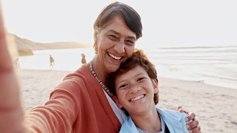 Selfie,-beach-and-face-of-grandmother-with-child