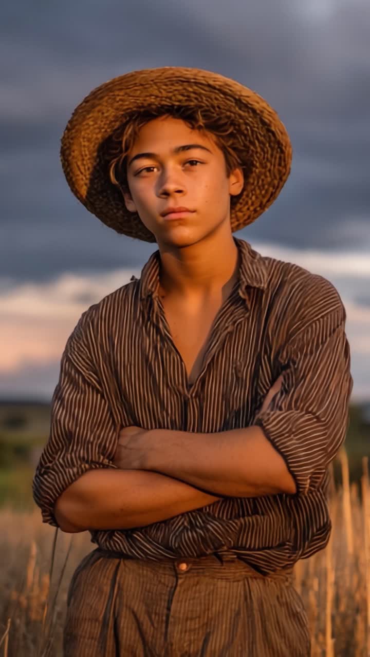 Un giovane contadino pensieroso sta in piedi con sicurezza a braccia conserte in un campo illuminato dal sole, indossando un cappello di paglia e una camicia a righe, circondato dalla bellezza della natura al tramonto.