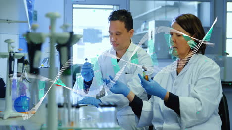 animación de la hélice de adn sobre diversos científicos discutiendo sobre la muestra en el laboratorio