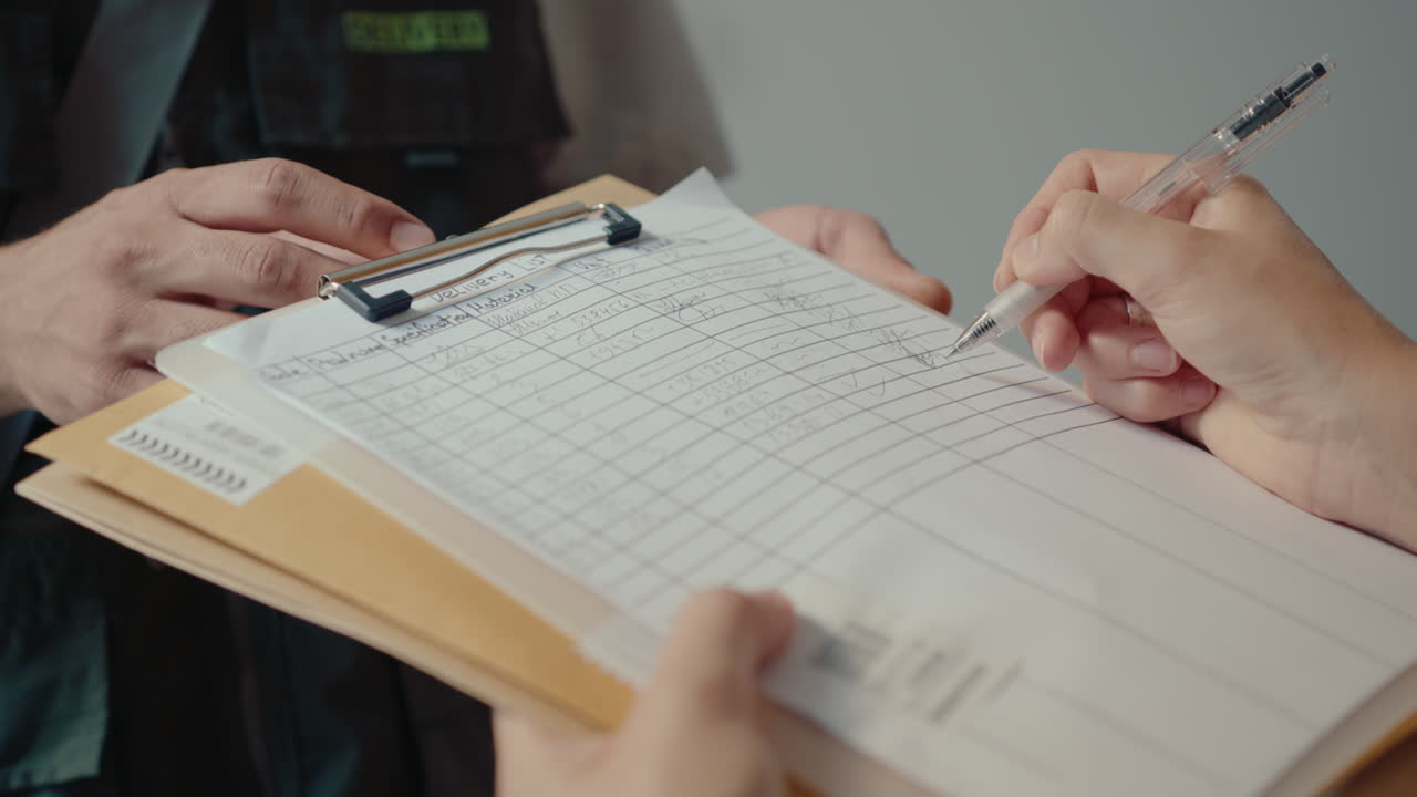 Hands of Female Recipient Signing Document and Taking Mail from Courier