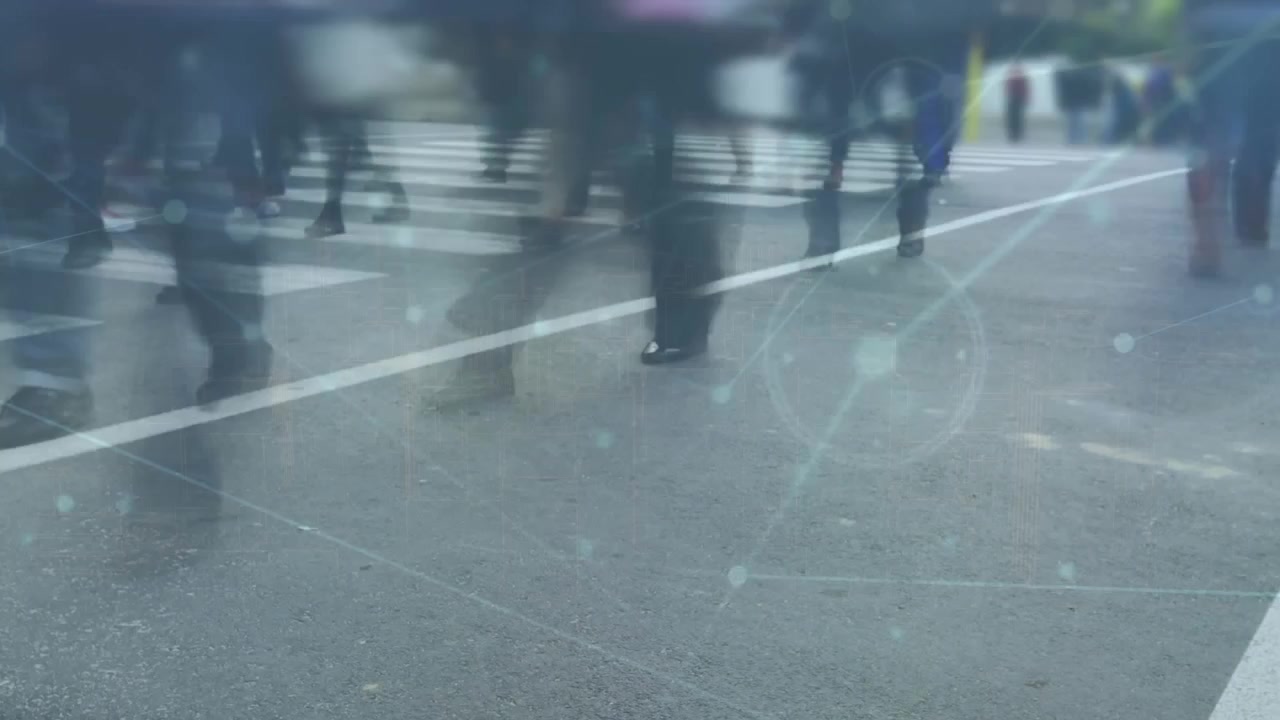 Animation of network of connections against time-lapse of low section of people crossing the street