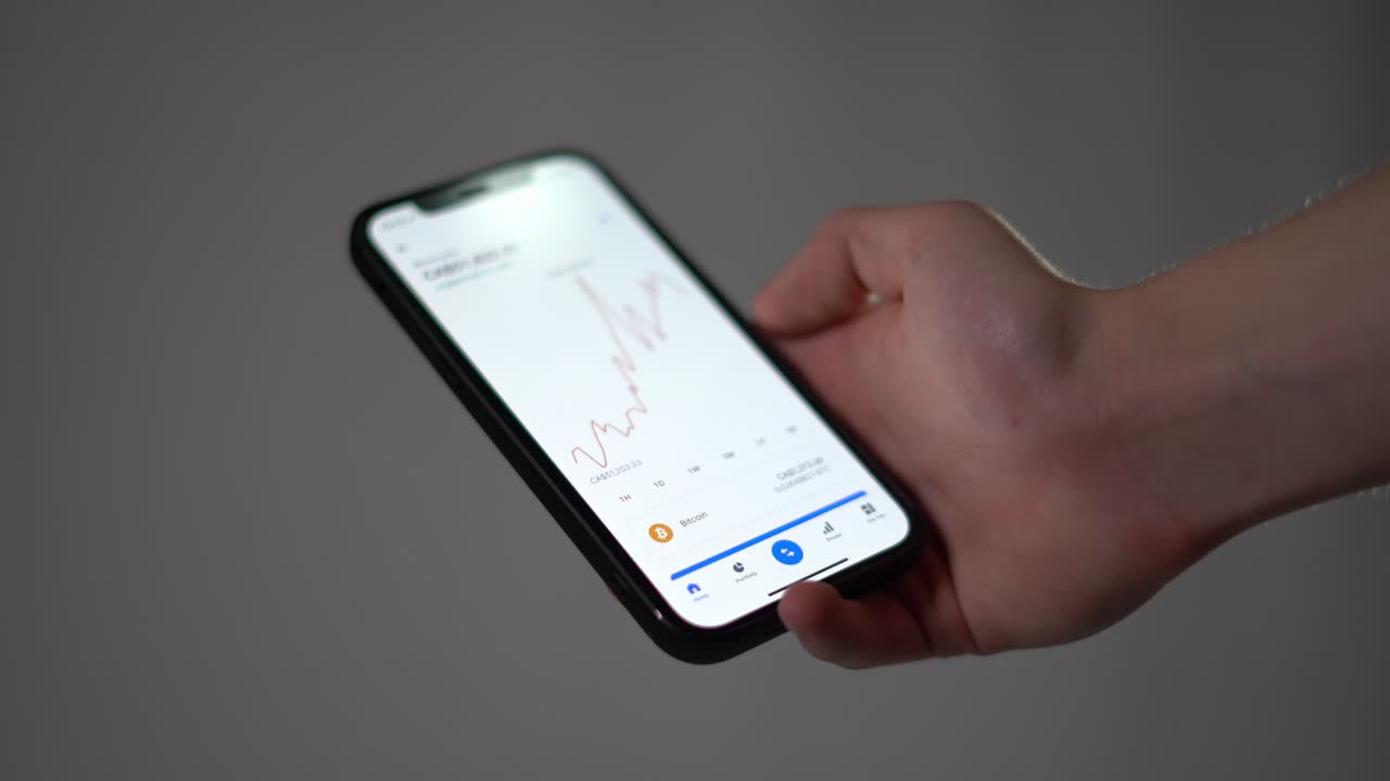 Checking bitcoin graph charts on mobile phone smartphone app coinbase to earn profit trading crypto currency - Investing on mobile phone app with white background looking at charts