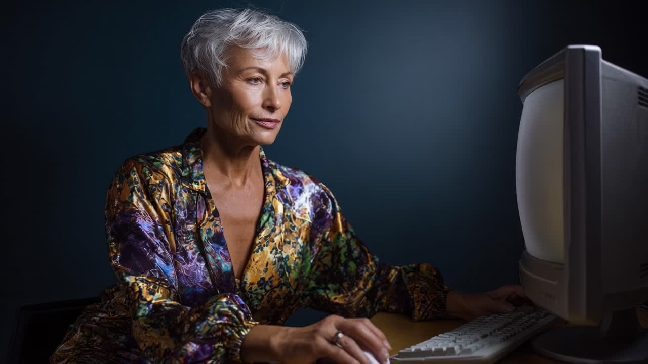 Mature Woman Engaged in Computer Work, Display of Focus and Modern Technology in a Stylish Setting, Illuminated by Screen Light in a Trendy Workspace