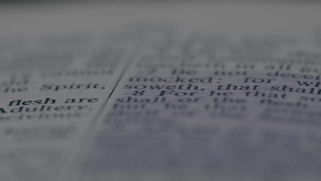 macro shot of blurred bible page text creates a serene and contemplative mood, with soft focus and gentle lighting enhancing quiet reflection and spiritual ambiance