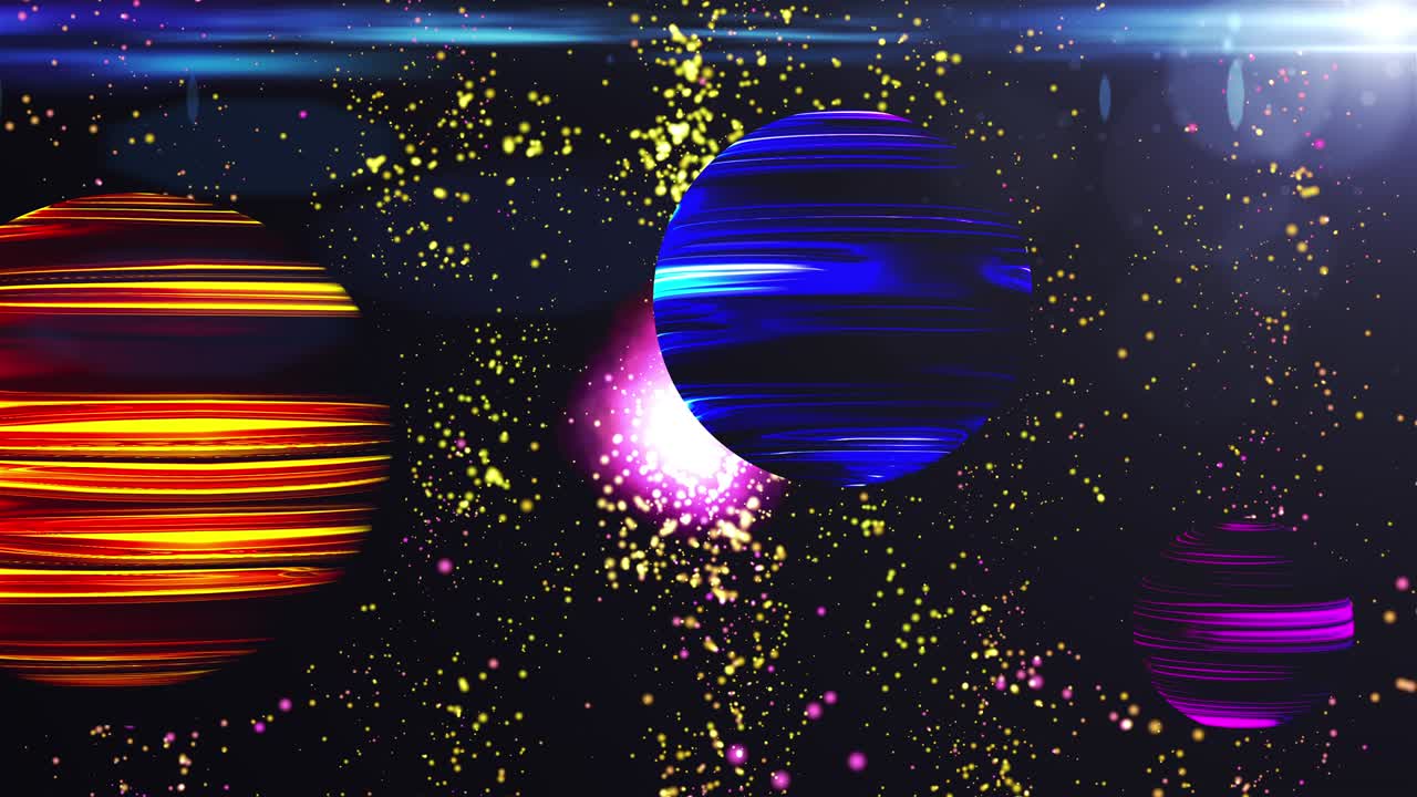Paesaggio cosmico colorato generato al computer. Spazio futuristico con pianeti al neon su uno sfondo stellato. Rendering 3D