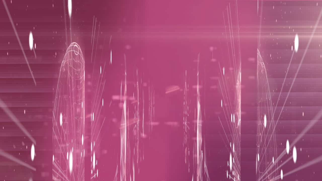 핑크색 배경에 연결 네트워크와 함께 스캔하는 스 ⁇ 과 회전하는 글로브의 애니메이션