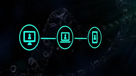 animación de iconos en círculo conectados con línea sobre hélice de adn contra fondo abstracto