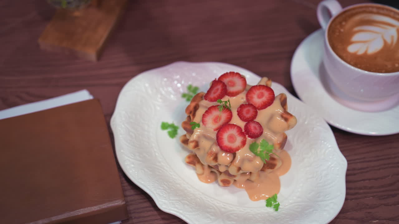 Delicious stack of waffles topped with fresh strawberries and cream served on white plate next to latte with leaf design in white cup on wooden table, with brown book and white table decoration nearby