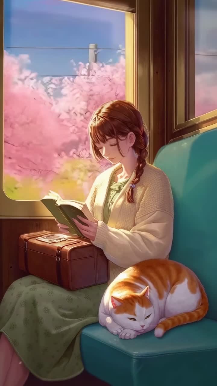 Scena video in stile anime di una ragazza che legge su un treno, con un gatto accanto a lei, ripresa da un'angolazione laterale.