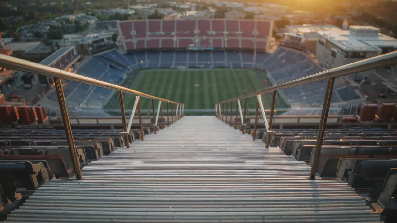 Starting camera slowly moving down central metal stairway at stadium, with sunlit handrails
