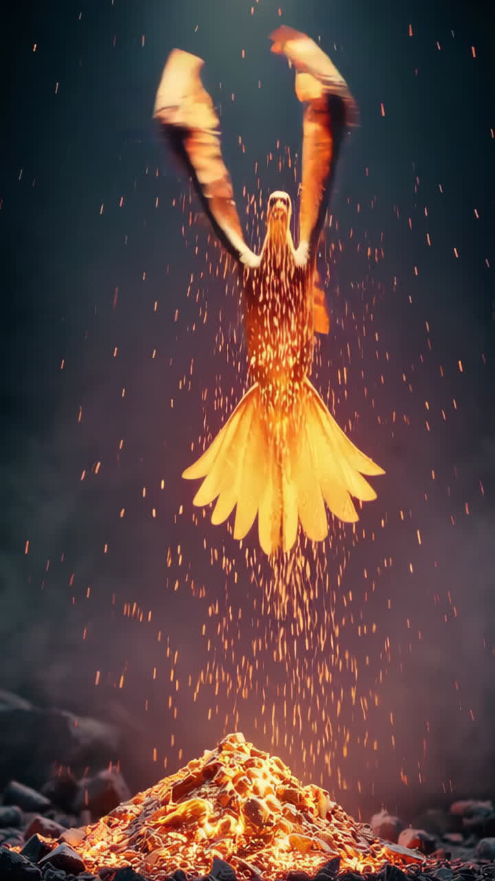 Mythical Phoenix Rising from Volcanic Flames