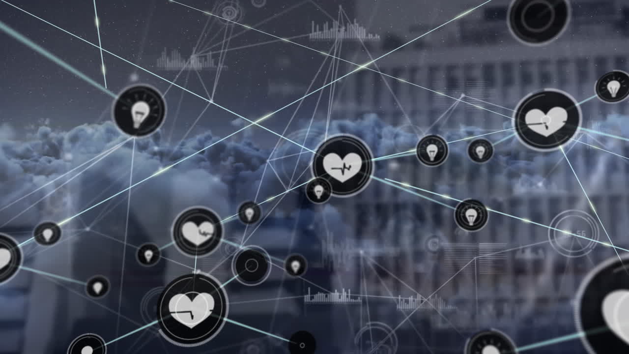 도시 풍경 위의 아이콘으로 연결된 네트워크의 애니메이션