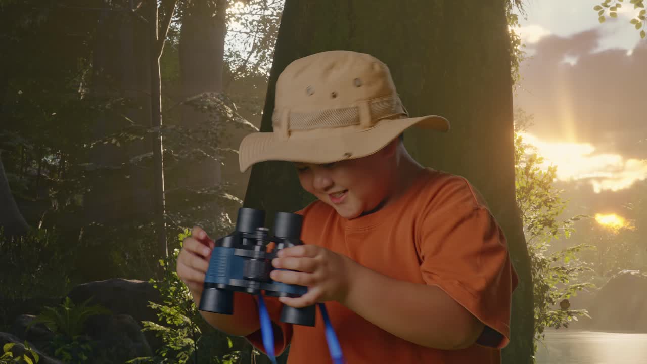 모자를 입은 아시안 소년이 안경을 통해 춤을 추고 있습니다. 소년 연구자는 숲의 자연, 여행, 관광, 모험 개념, 근접을 탐구하는 동안 무언가를 조사합니다.