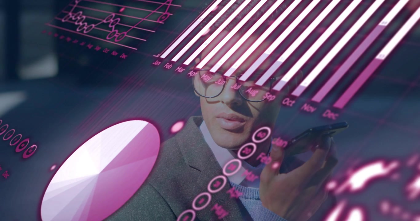 Business man raising phone and speaking, overlaying pink charts, bars and pie while checking sales