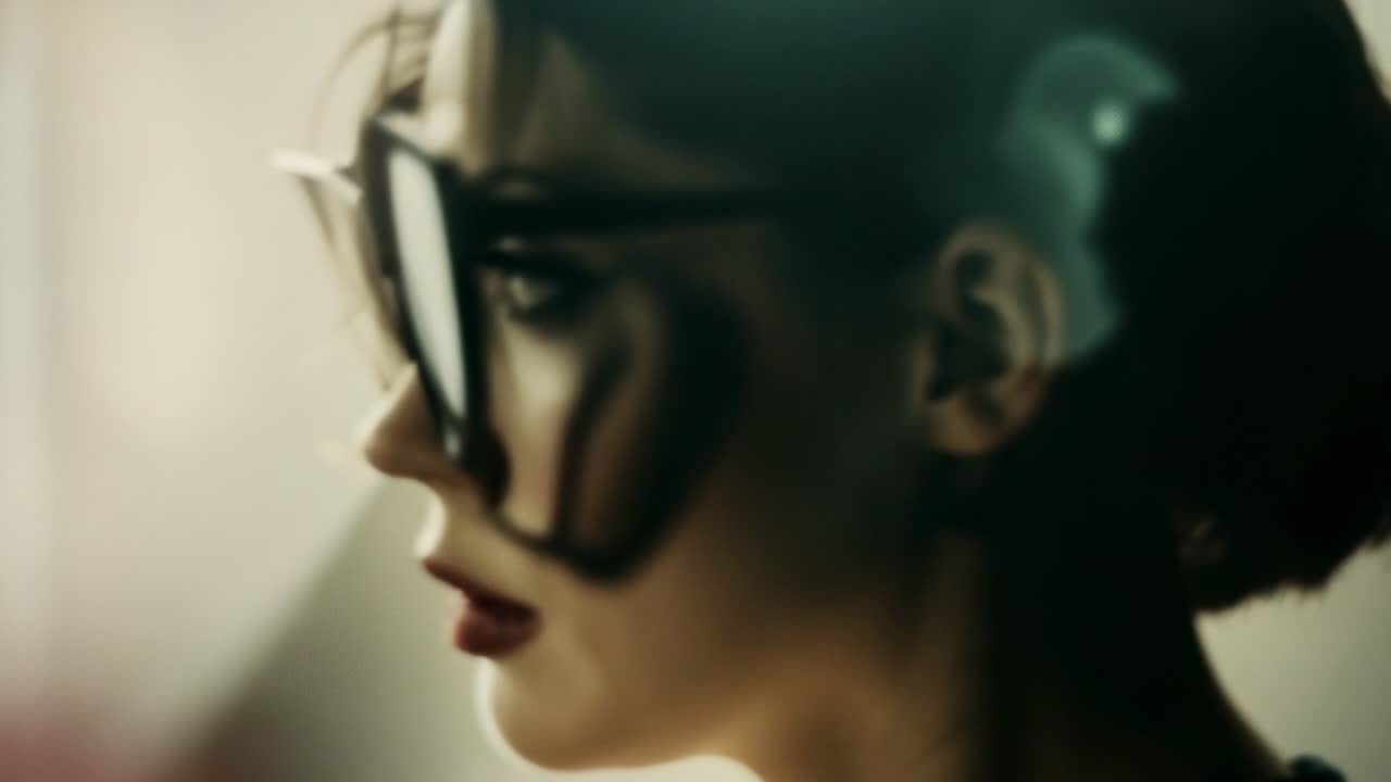 Clearing soft-focus haze revealing adult Asian woman in studio, with oversized sunglasses, bokeh