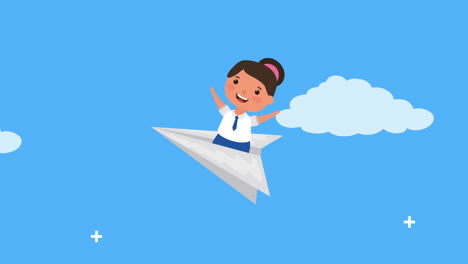 back to school season with girl flying in paper airplane