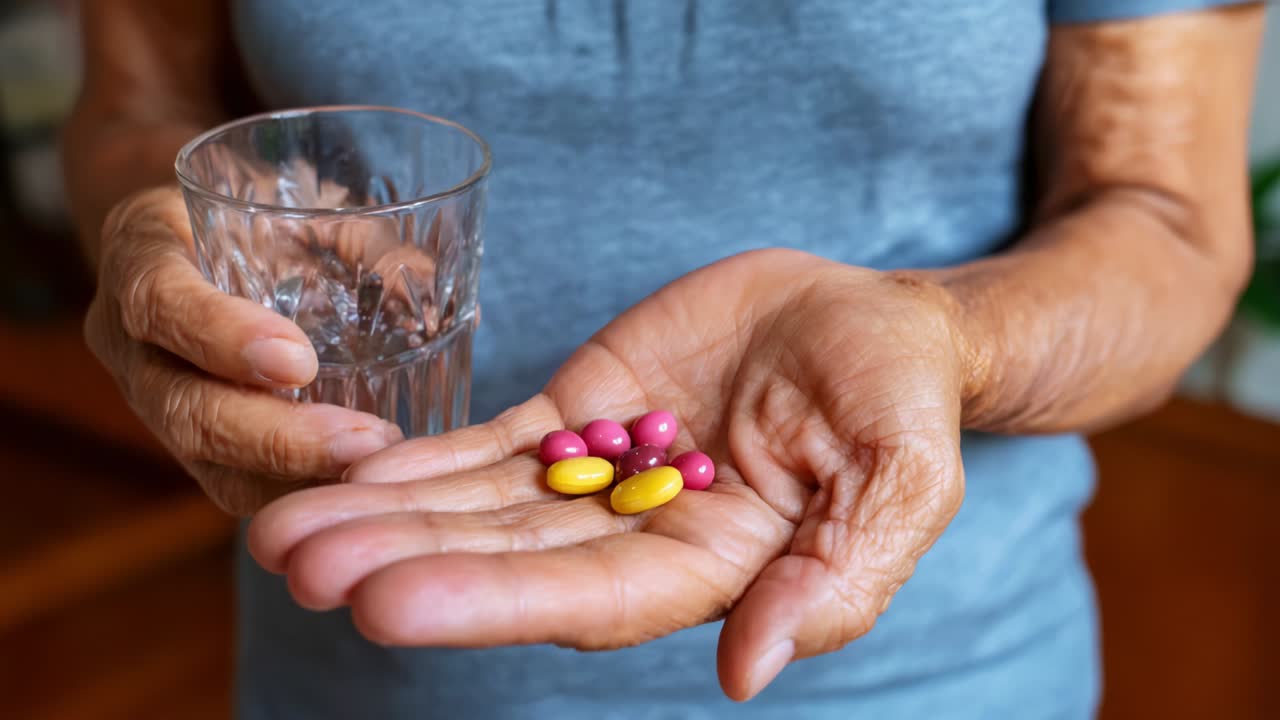 An elderly person's hand holds a collection of colorful tablets and a glass of water, symbolizing health management, medication adherence, and the importance of proper medication intake in daily life
