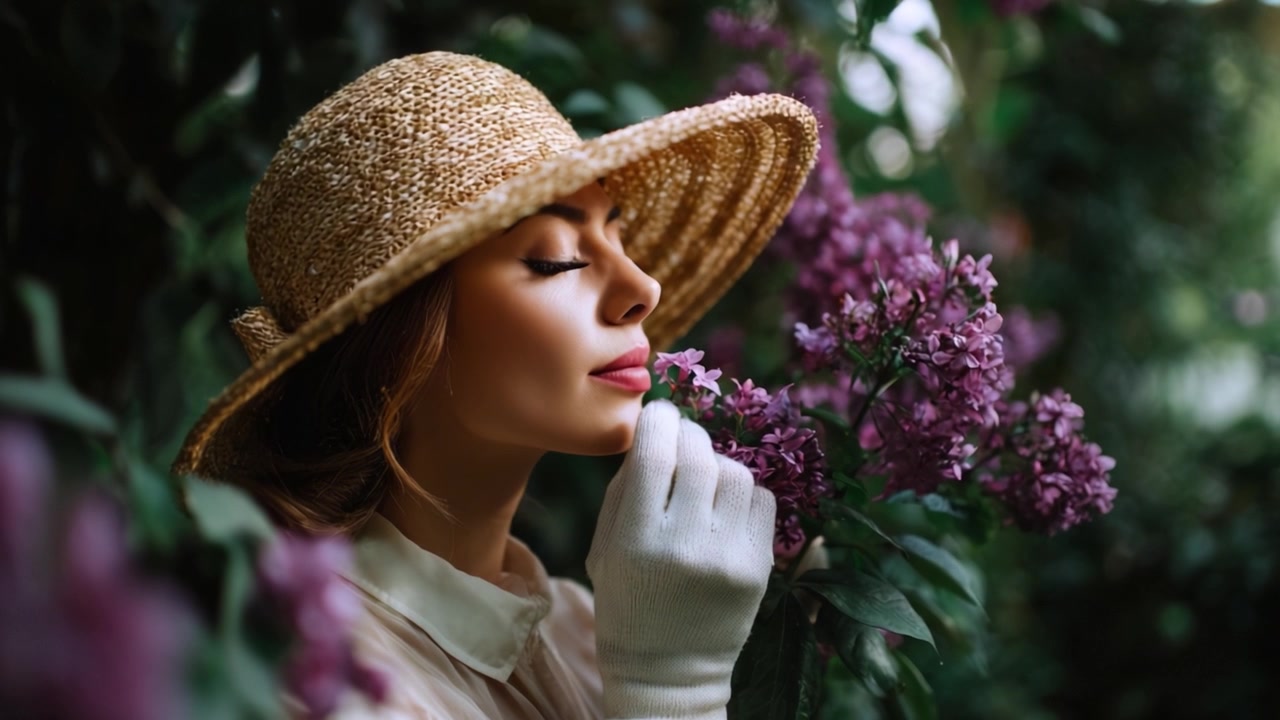 Un momento sereno nella natura: una donna con un cappello di paglia che si gode i fiori di lillà, catturando l'essenza della primavera e della tranquillità in mezzo a un giardino fiorito.