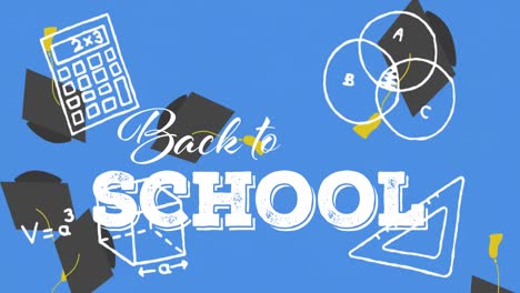 animation of back to school text and falling school supplies over blue background