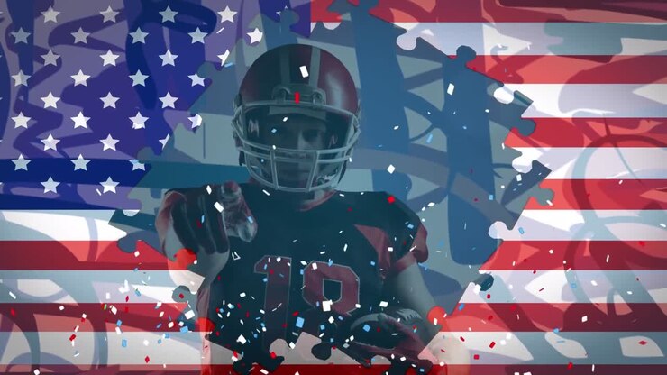 animation der usa-flagge und konfetti über einem american football-spieler