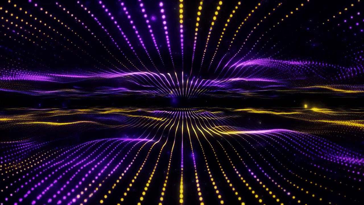 Abstract Digital Wave Background with Glowing Purple and Gold Particles