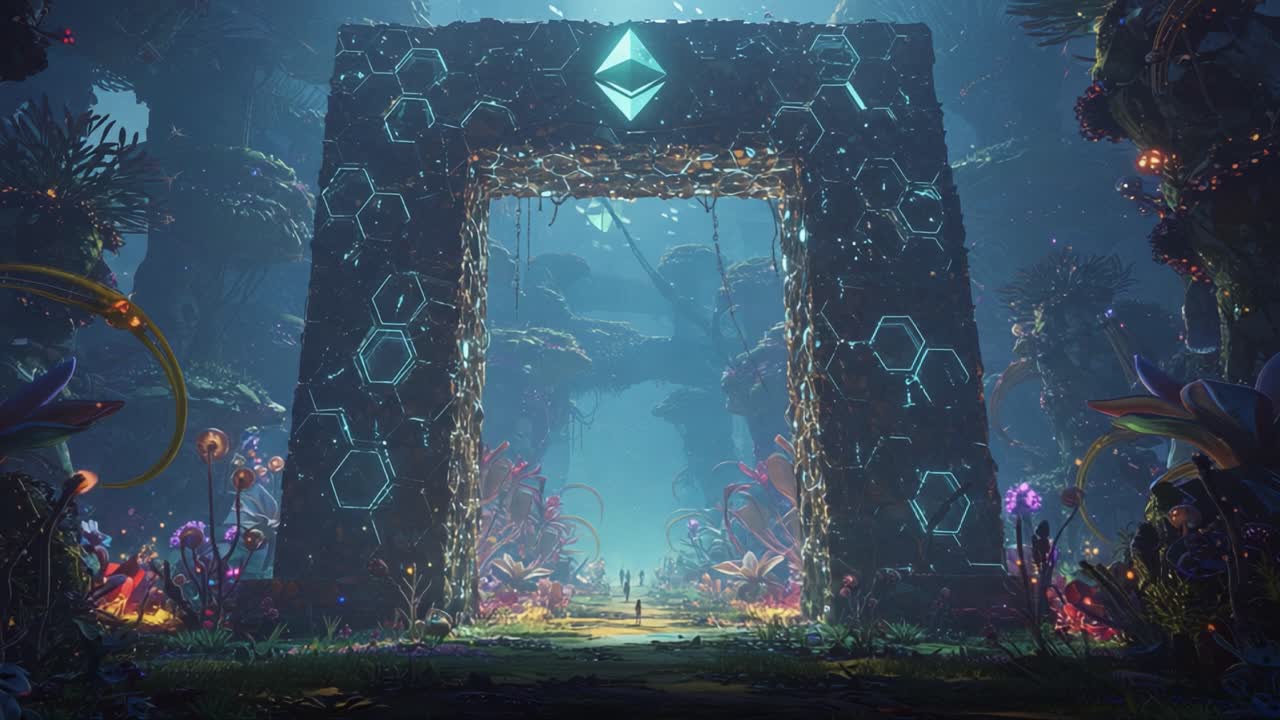 A mystical gateway adorned with intricate hexagonal patterns and a glowing emblem stands in a vibrant, otherworldly forest, beckoning explorers into a fantastical realm of wonders